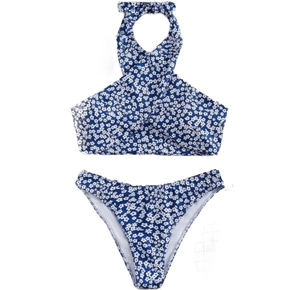 Halter Wrap Bikini Swim Top Cheeky High Waist Bikini Bottoms SET Blue M - Picture 3 of 17